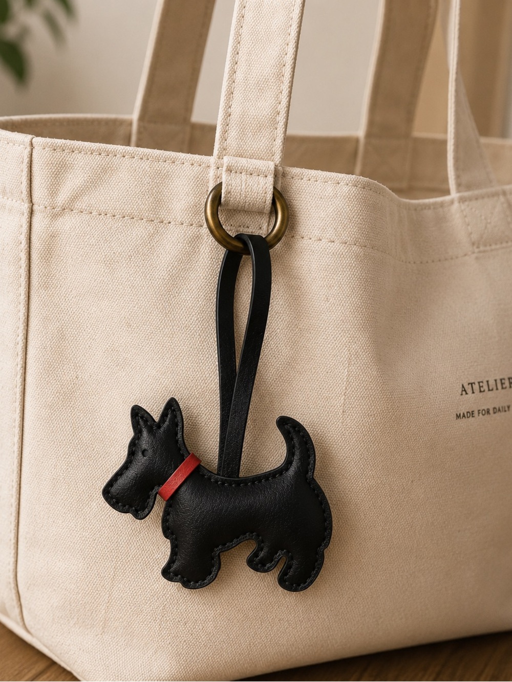 Black Dog Leather Key & Card Holder Charm with Red Collar